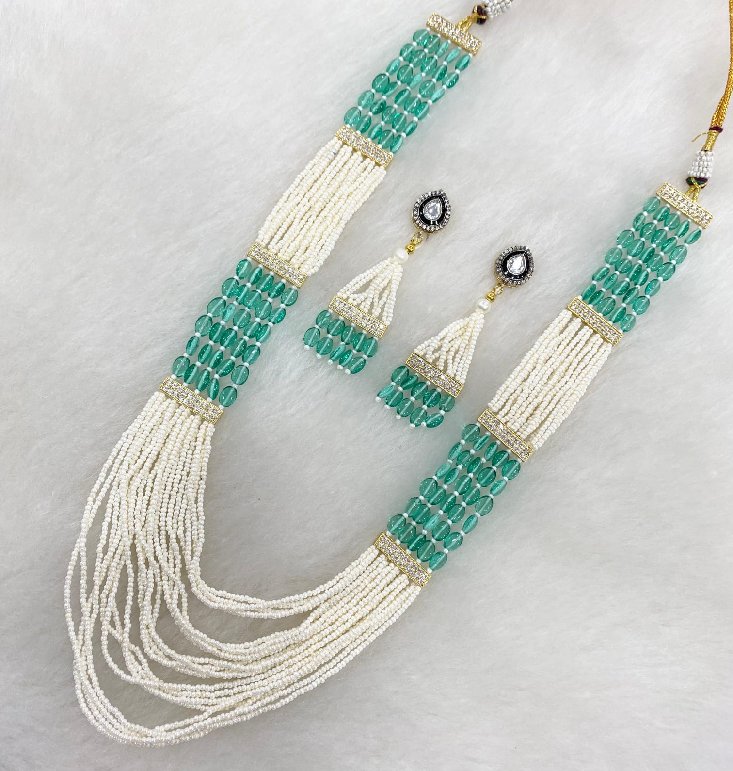 Elegant Green Bead and Pearl Multi-Strand Necklace Set with Statement Earrings