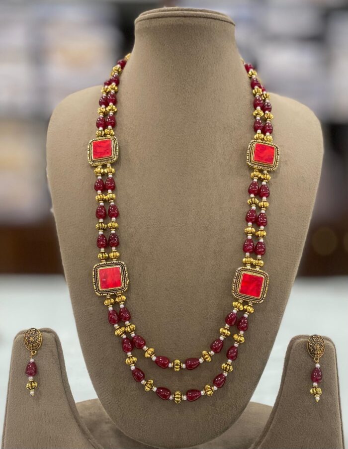 Antique Finish Red Stone Necklace Set for Festive and Bridal Wear