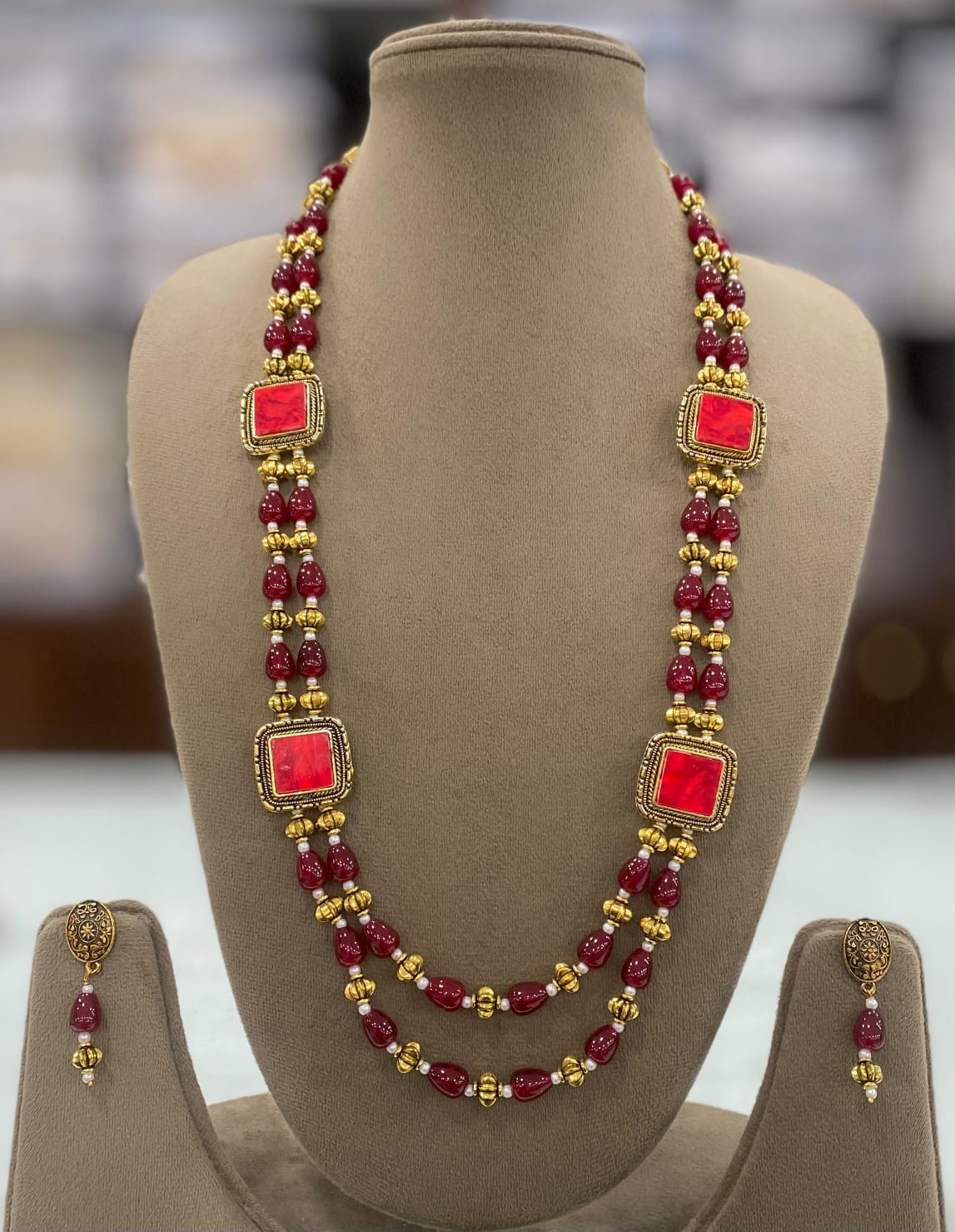 Antique Finish Red Stone Necklace Set for Festive and Bridal Wear