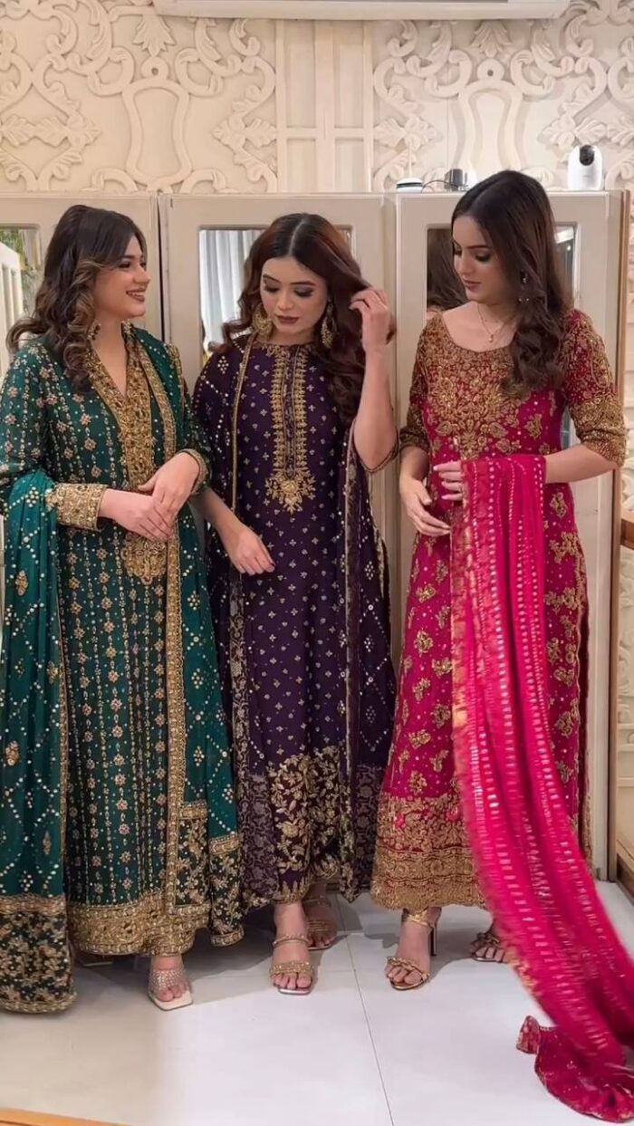 Luxury Hand-Embroidered Formal Dresses in Emerald Green, Deep Plum, and Ruby Red Shades